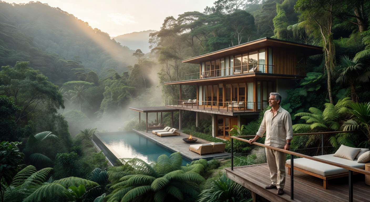 Misty morning in a luxury eco resort surrounded by lush green mountains